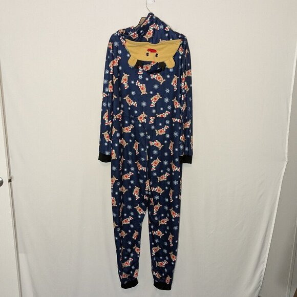 Blue Knit, Rudolph Reindeer One-Piece Hooded Christmas Pajamas; Men Size L - Picture 4 of 5
